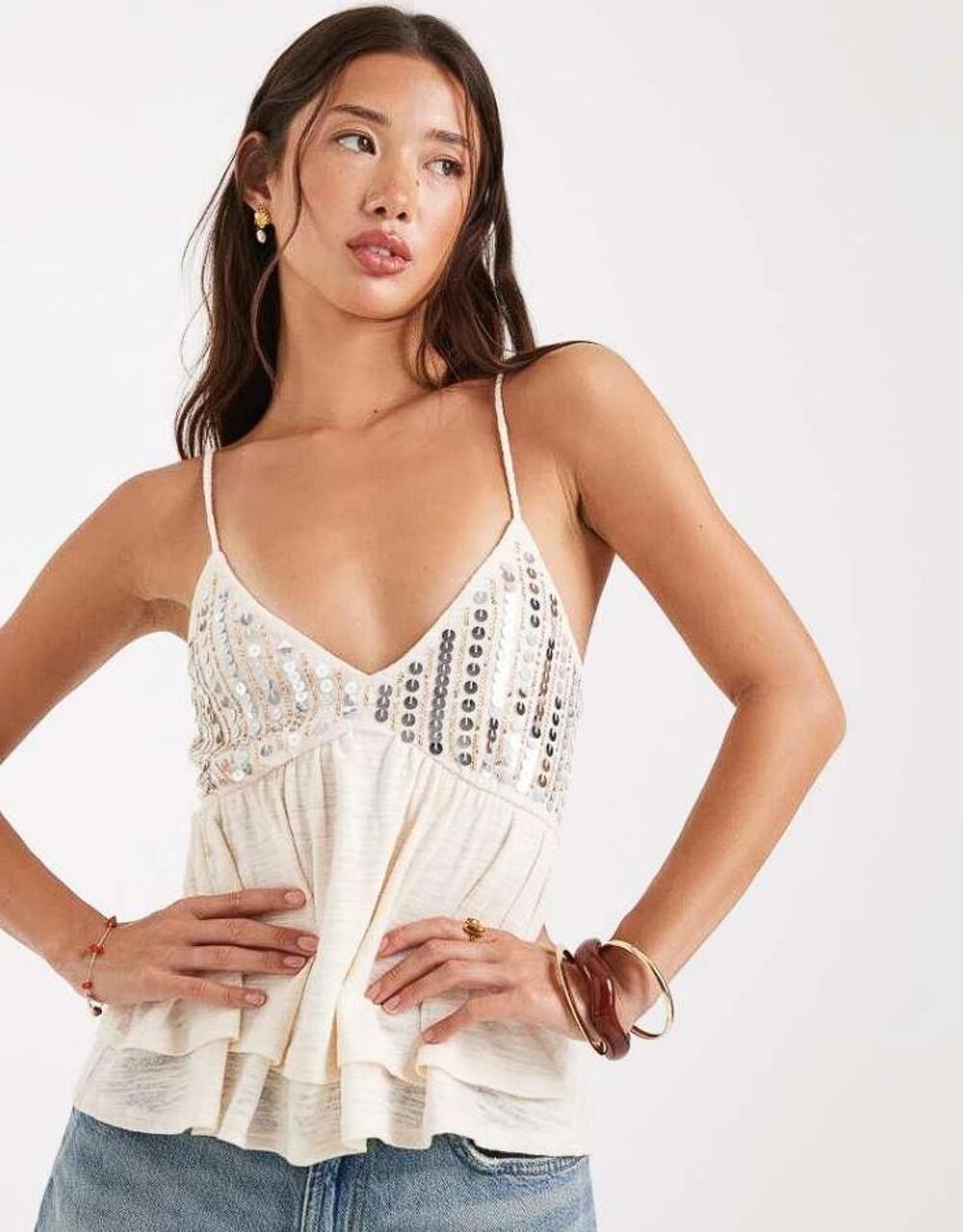 MISS SELFRIDGE Women’s Sequin Detail Baby Doll Cami Top Size 2 In Cream